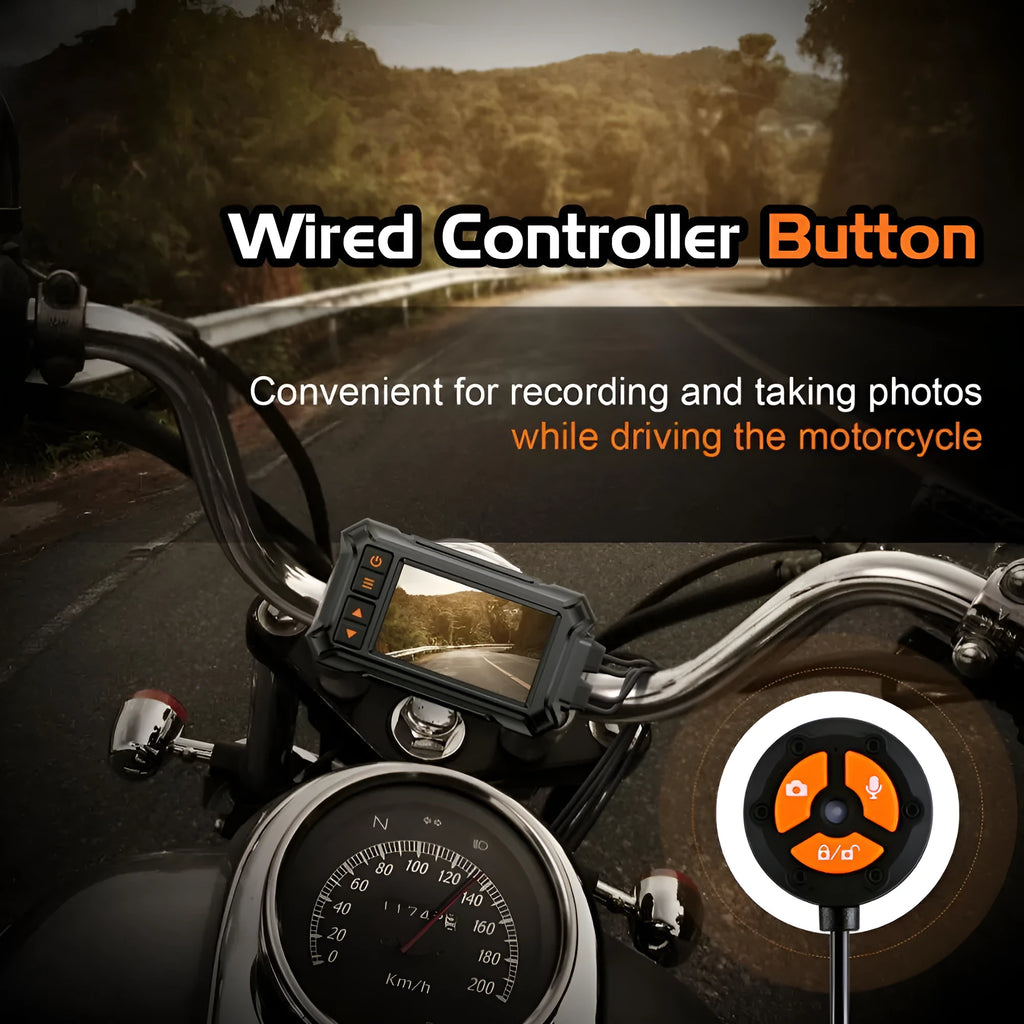 Motorcycle tachograph dash cam with 3 inch screen, dual lenses, GPS module, and handlebar wireless controller on a motorcycle handlebar.