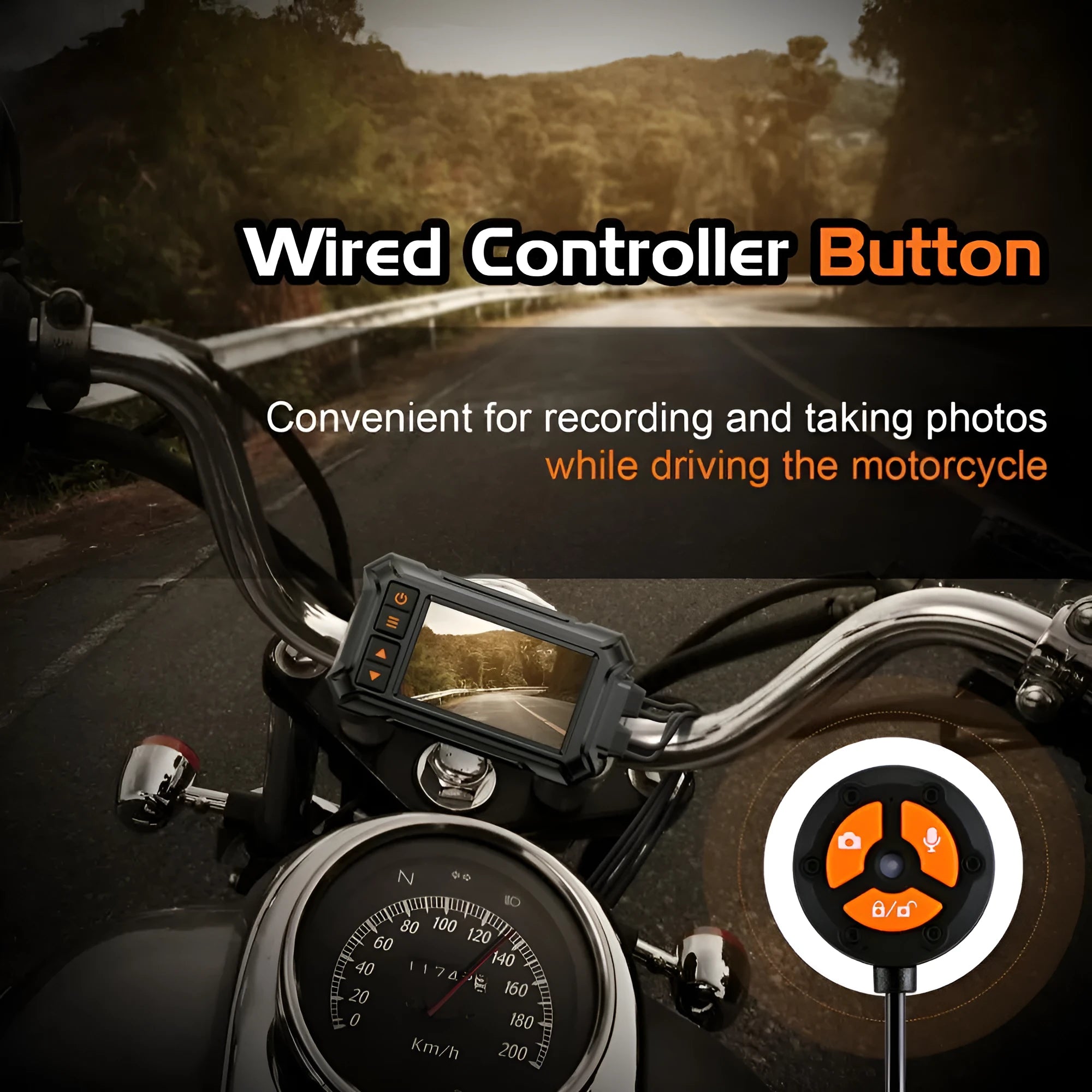 Motorcycle tachograph dash cam with 3 inch screen, dual lenses, GPS module, and handlebar wireless controller on a motorcycle handlebar.