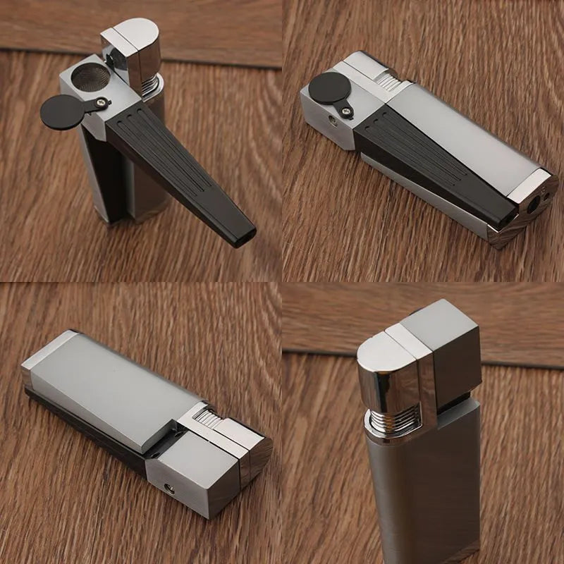 Foldable 2-in-1 metal pipe lighter and refillable butane smoking gadget with silver square cover on a dark background