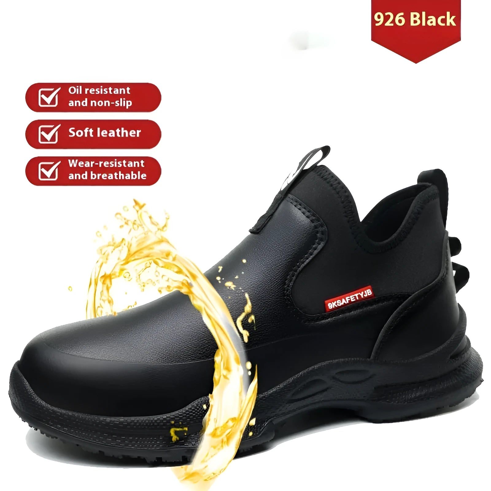 Black YD-926 men's waterproof chef shoes with high-cut design and rubber anti-slip sole