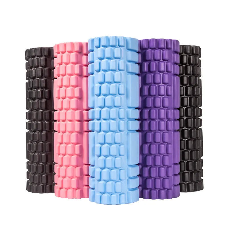 A black EVA foam roller for fitness and muscle recovery, shown alongside pink and sky blue colour options.