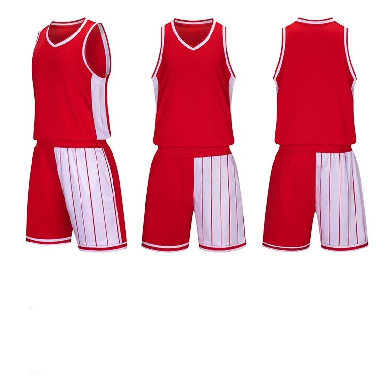 Men's basketball uniform set in blue, showing quick-dry polyester top and matching shorts for sports training.