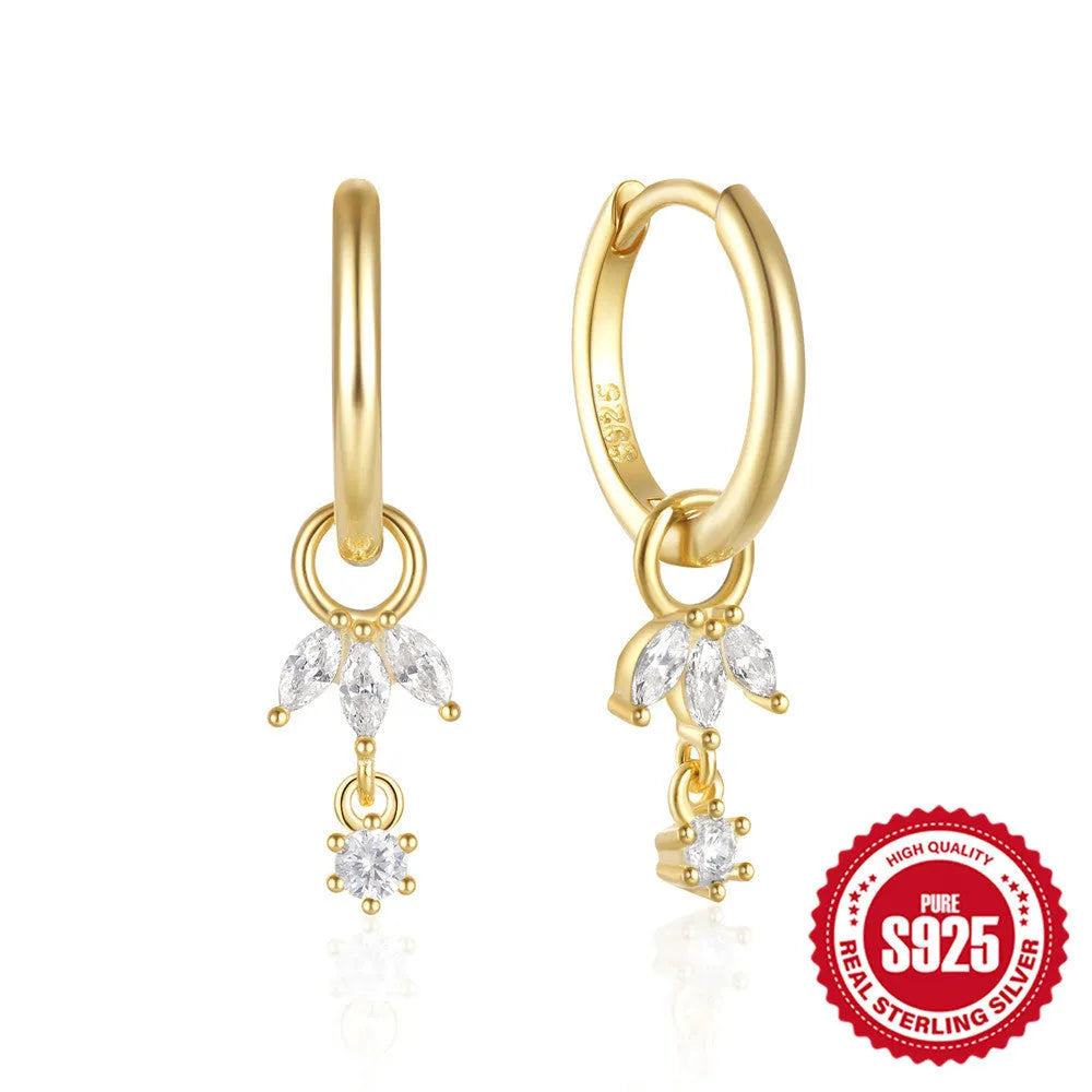 S925 sterling silver women's earrings with geometric sunflower design and golden-three diamonds zircon stones.