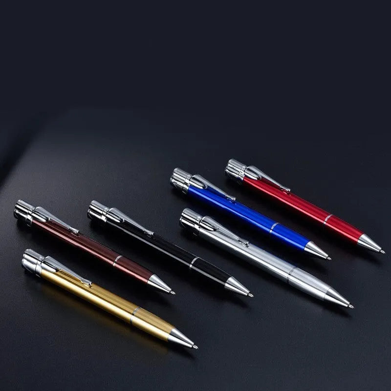 Creative metal signature pen lighter in black with windproof jet flame and red buttons on a white background