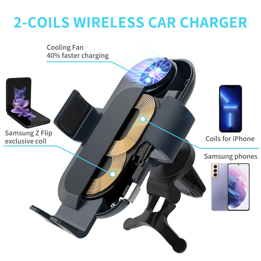 Car wireless charger phone holder with matte oil face shell, dual coils, and suction cup air outlet mount in colour C35
