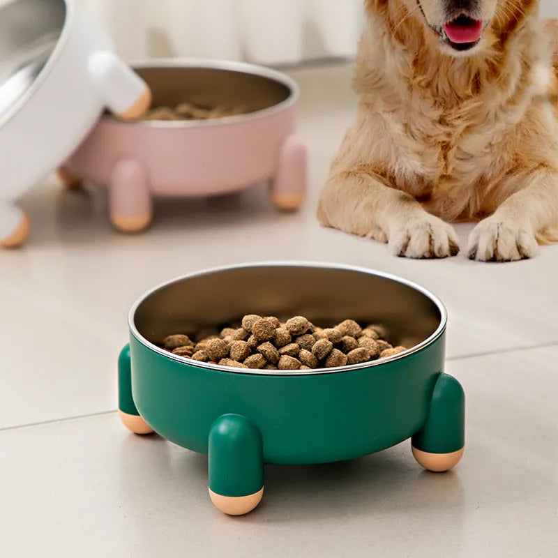 Green stainless steel pet bowl with a high foot and non-slip silicone base ring