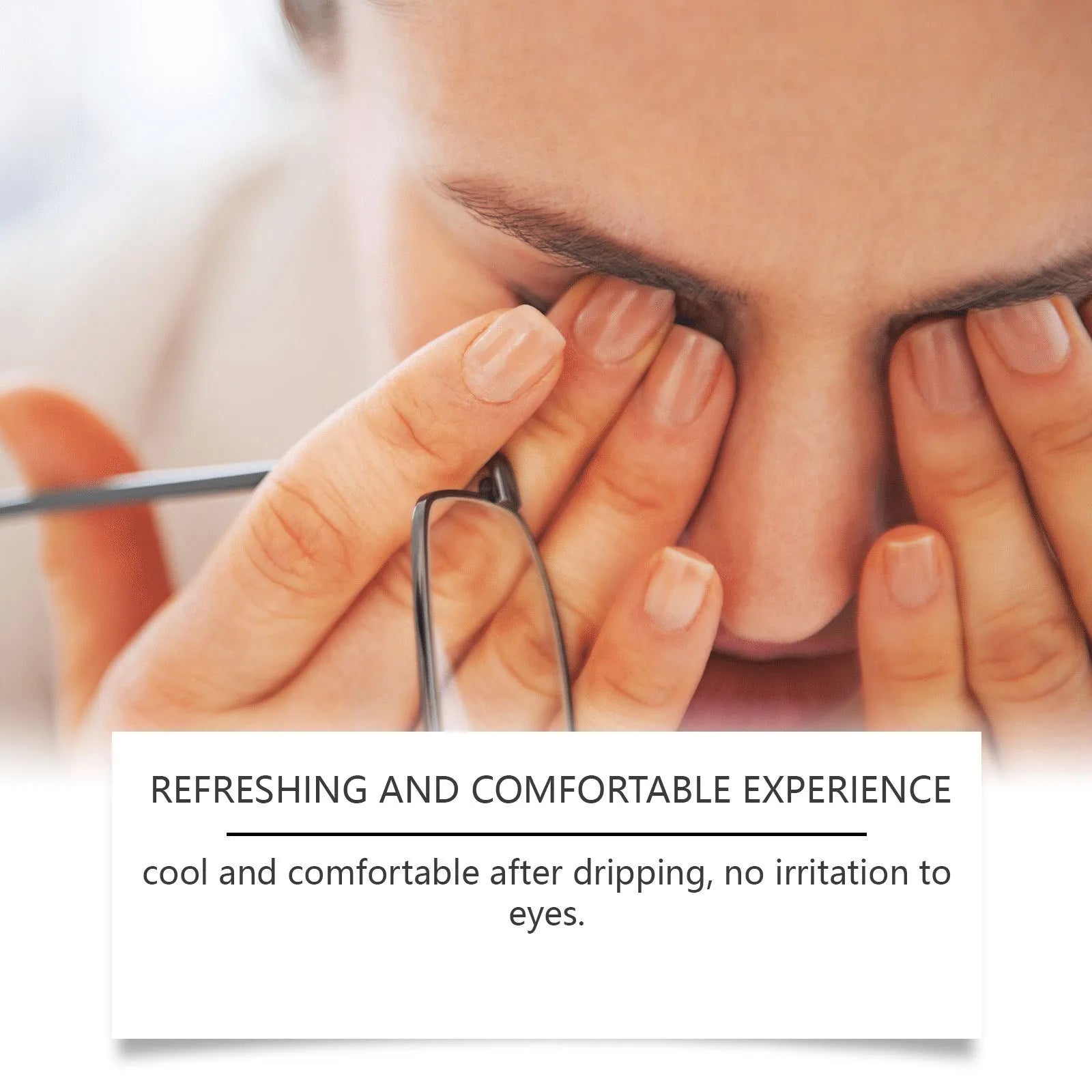 Bottle of moisturizing eye drops with mint leaf extract and sodium hyaluronate formula