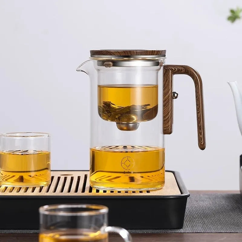 One click magnetic separation glass teapot with walnut wood handle and tea tray
