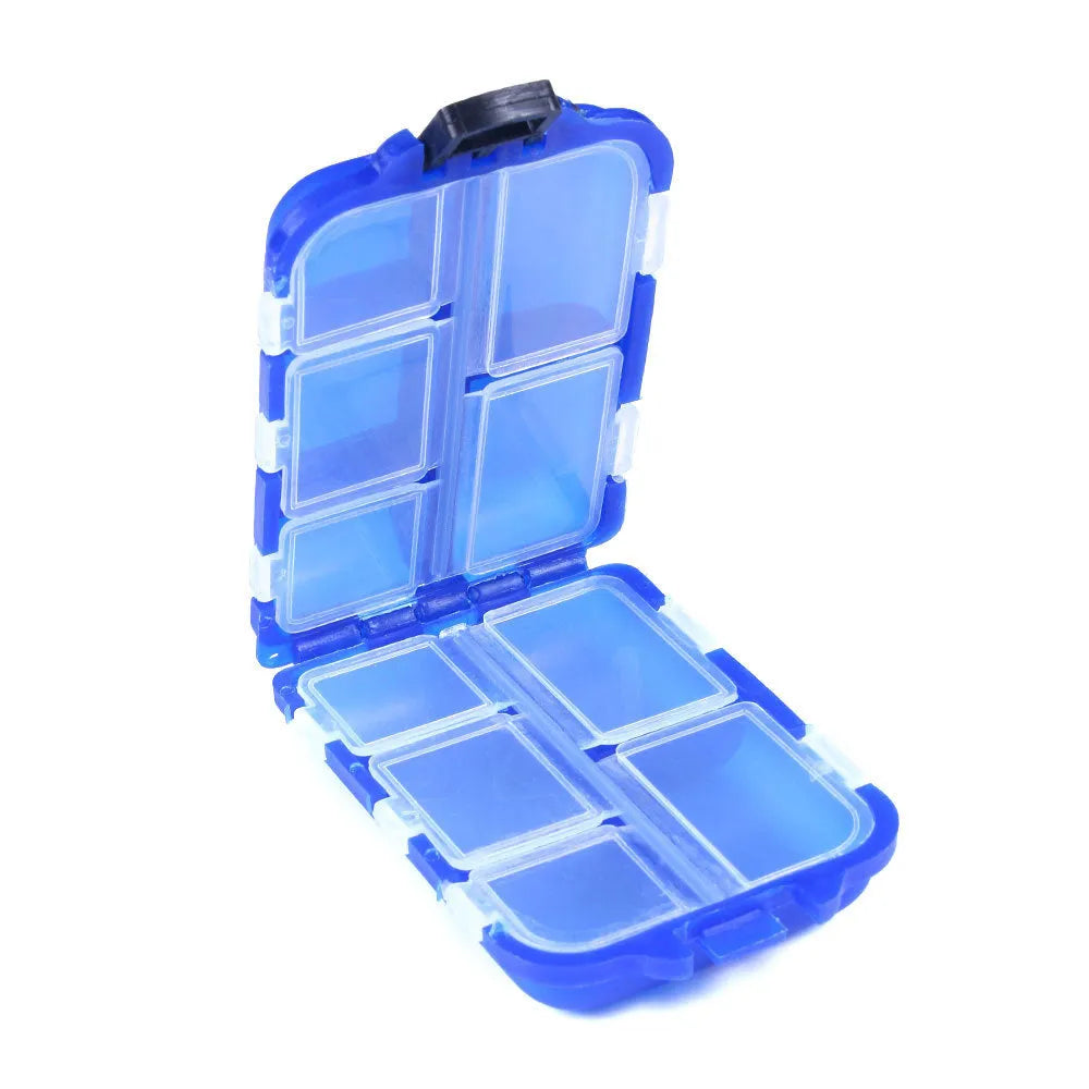 Small green plastic fishing tackle storage box with ten internal grid compartments, shown open.