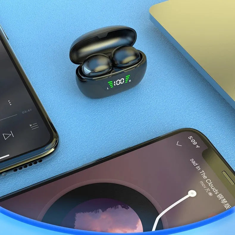 Super mini wireless Bluetooth-compatible headset in black with digital display screen