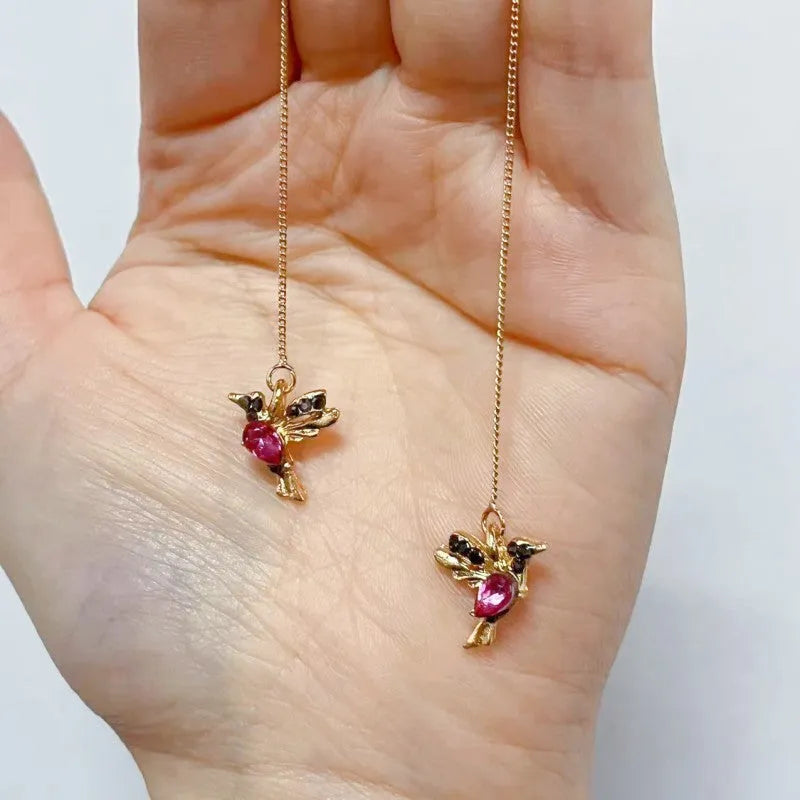 Women's bird hanging personalised alloy earrings with mixed zirconium wings in blue, red, and red lvzuan colour options