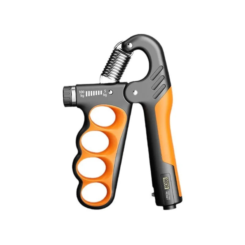 Adjustable electronic counter spring grip in orange colour with digital display.