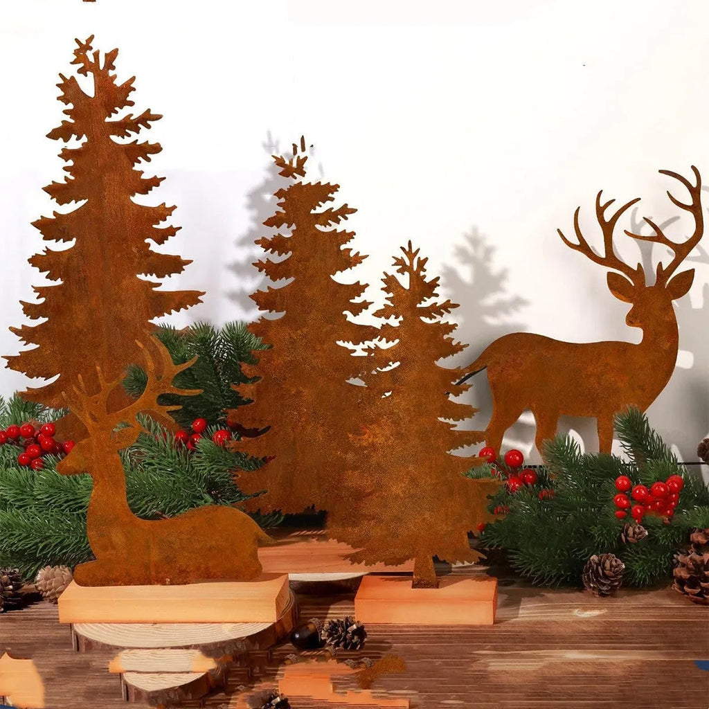 Three metal Christmas tree decorations with elk antlers in rustic finish