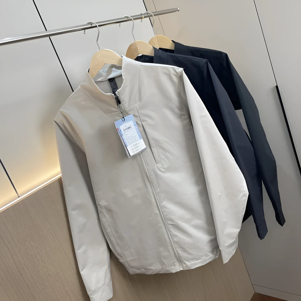 Men's stand collar sports casual jacket in polyester fiber, black colour, straight hem, long sleeves