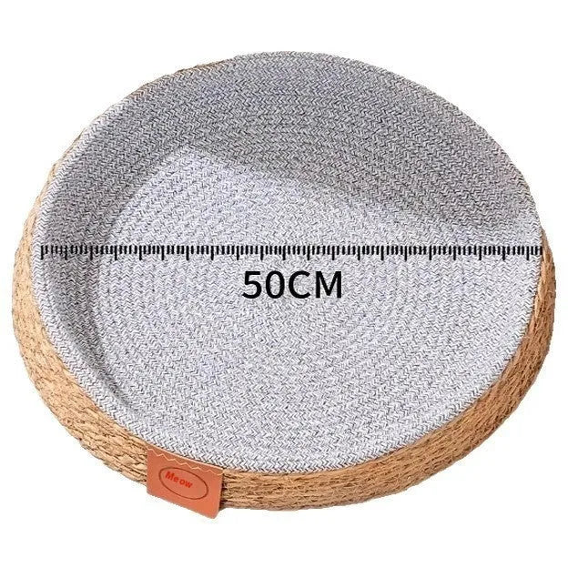 Natural rattan cat bed showing woven construction and open design for ventilation
