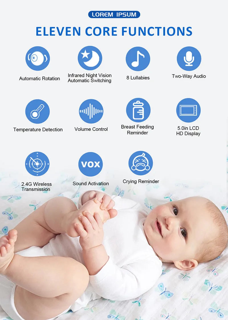 White HD wireless baby monitor with 5.0-inch LCD screen and camera on a nursery shelf