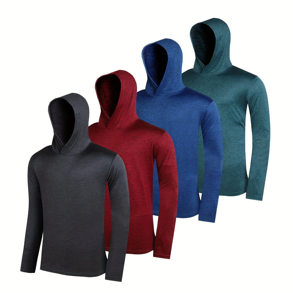 Set of four men's lightweight polyester hoodies in various colours, some with hats.
