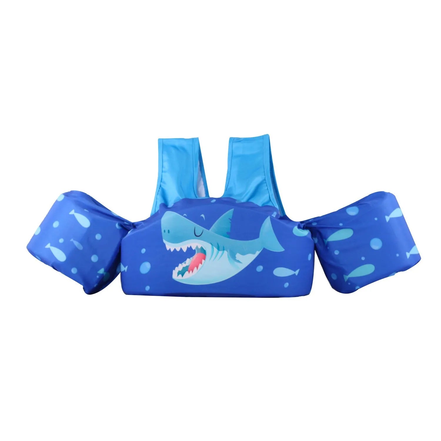 Child wearing a cartoon-themed swimsuit with integrated arm swimming rings for water safety.