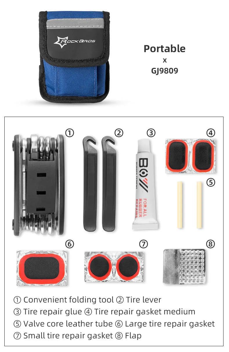 Portable bicycle tire repair kit in storage pouch mounted on upper tube of bike frame, with maintenance tools visible