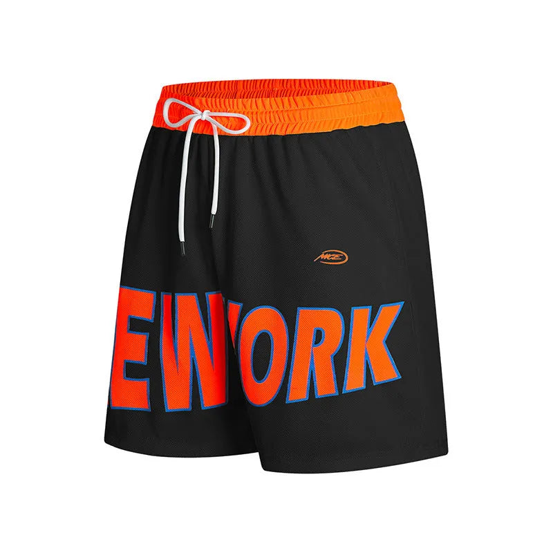 Printed lettered casual men's breathable shorts in black, straight leg, Korean style polyester film fiber