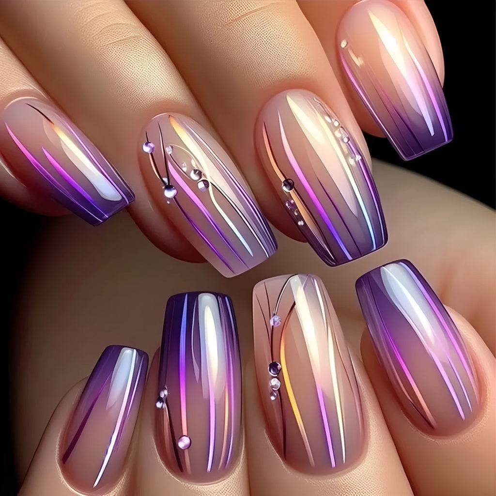 Magic purple line gradient starry sky nail stickers with jelly glue for short nails
