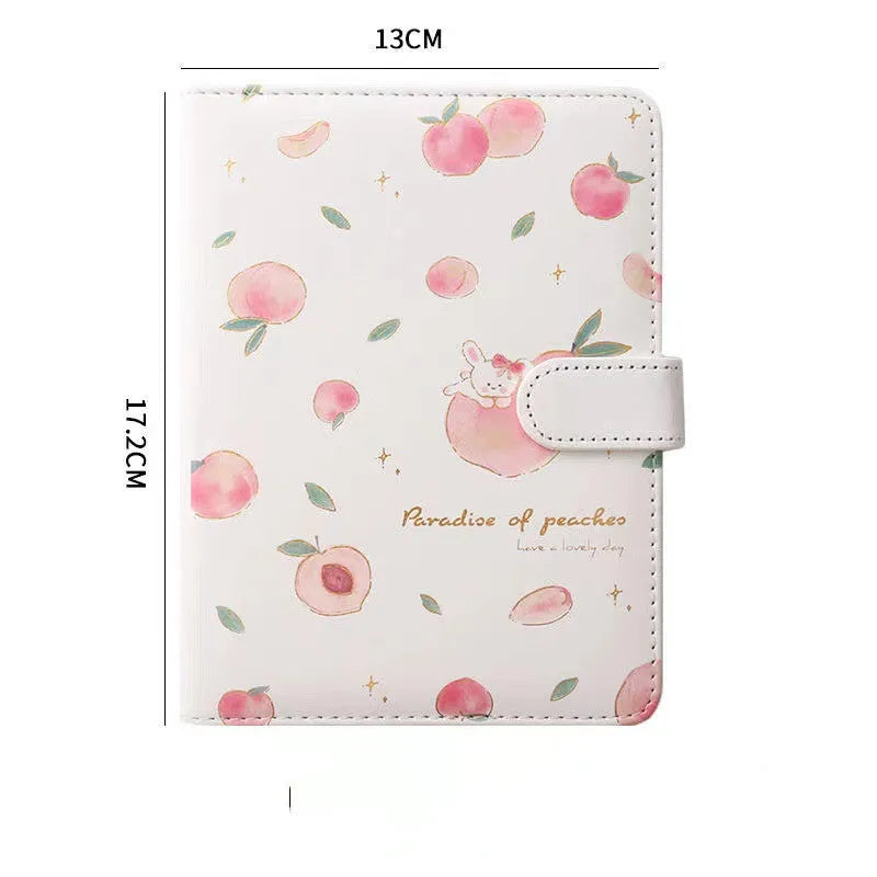 A5 hardcover student notebook with imitation leather cover in Peach Talk Feast design, wired binding, open flat