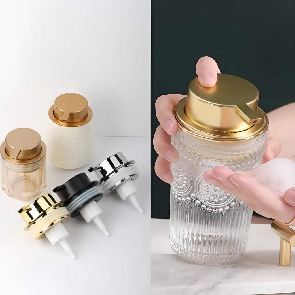 ABS plastic foam pump dispenser with a large pump head in a choice of metallic and matte finishes.
