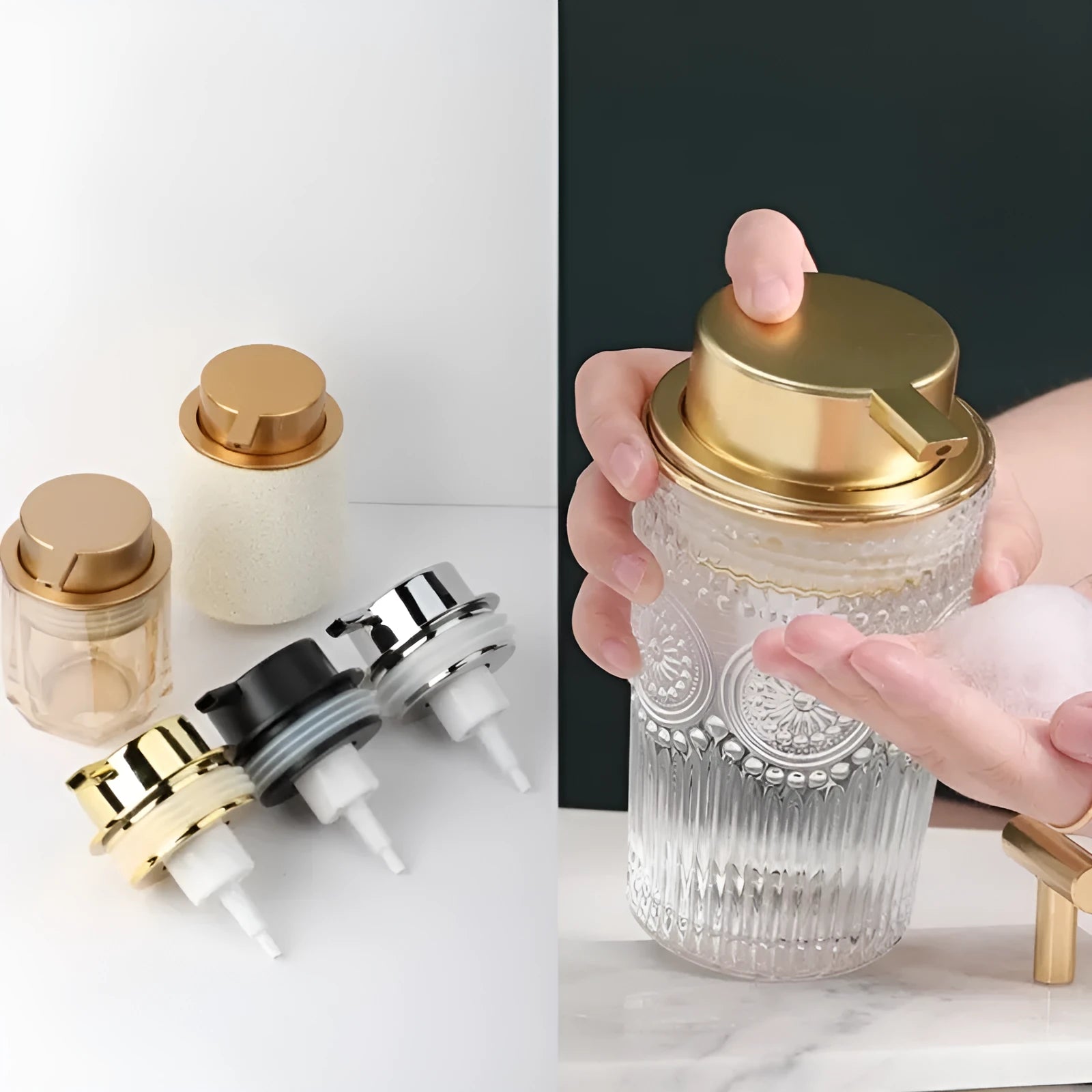 ABS plastic foam pump dispenser with a large pump head in a choice of metallic and matte finishes.