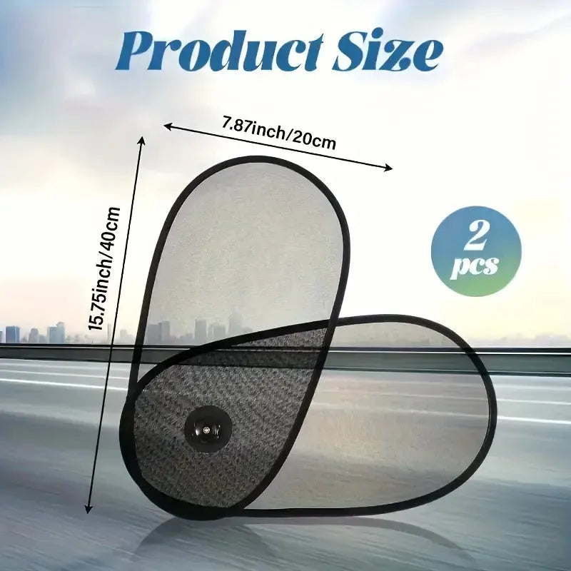 Black adjustable car side window shades with suction cups stretched over car window