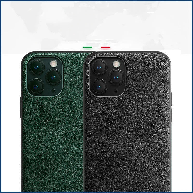 Suede mobile phone case for iPhone in elegant black, dark night green, and dark blue colours.