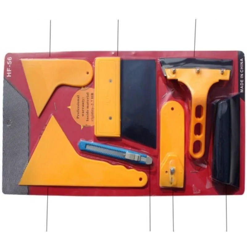 Seven-piece car foil tool set with scrapers, knives, and film installation tools