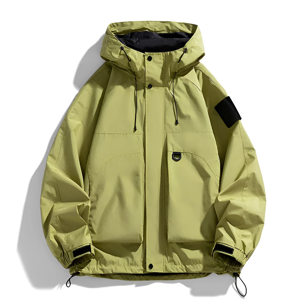 Men's black windproof waterproof hooded coat with long sleeves on a hanger.