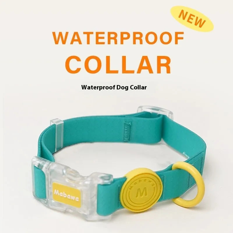 Nylon dog collar and hand holding rope set in smoky gray, new green, lemon yellow, and rose pink