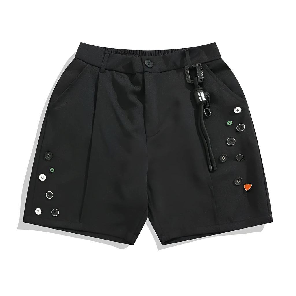 Black men's semi-elastic loose shorts with straight-leg design and zip fly opening