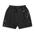 Black men's semi-elastic loose shorts with straight-leg design and zip fly opening