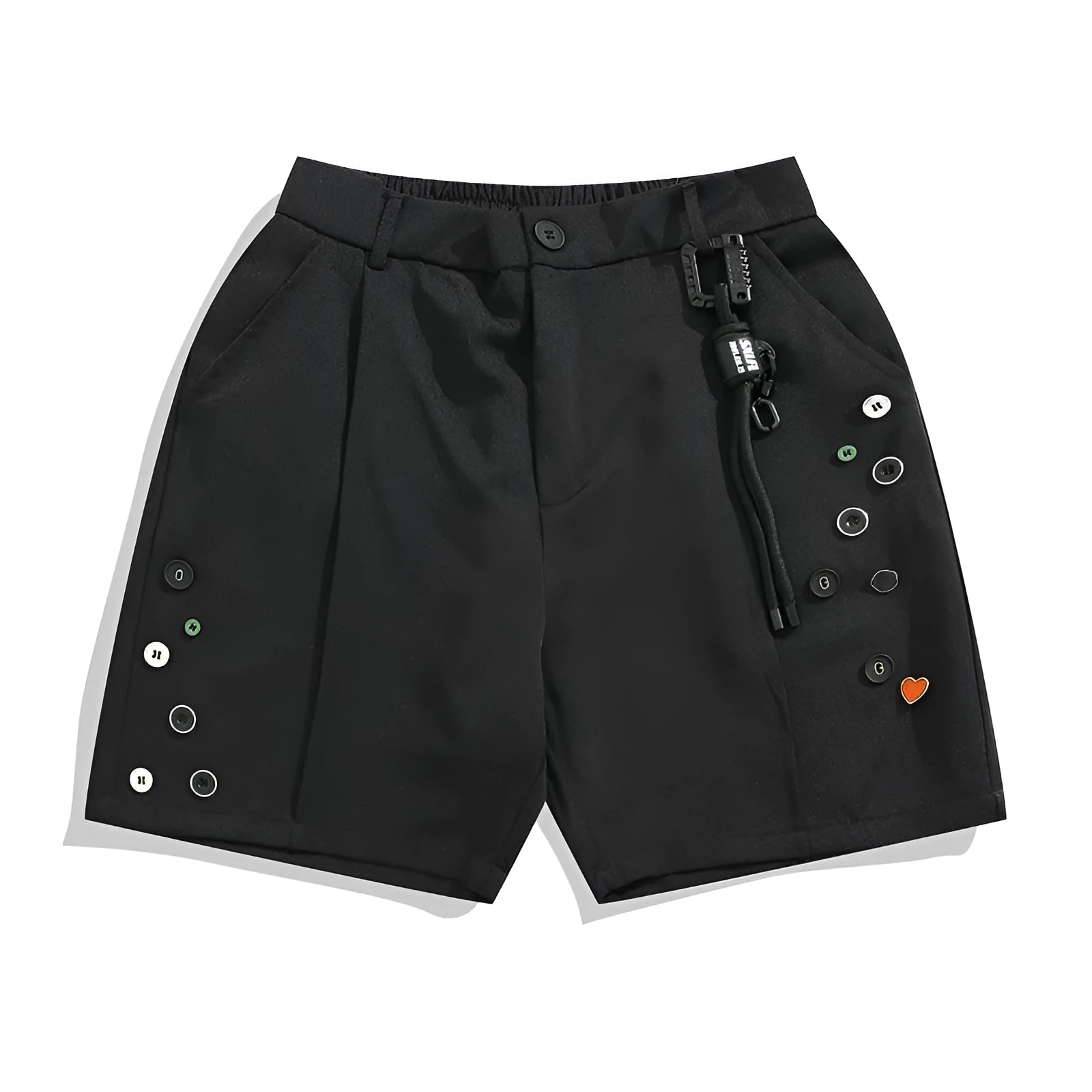 Black men's semi-elastic loose shorts with straight-leg design and zip fly opening