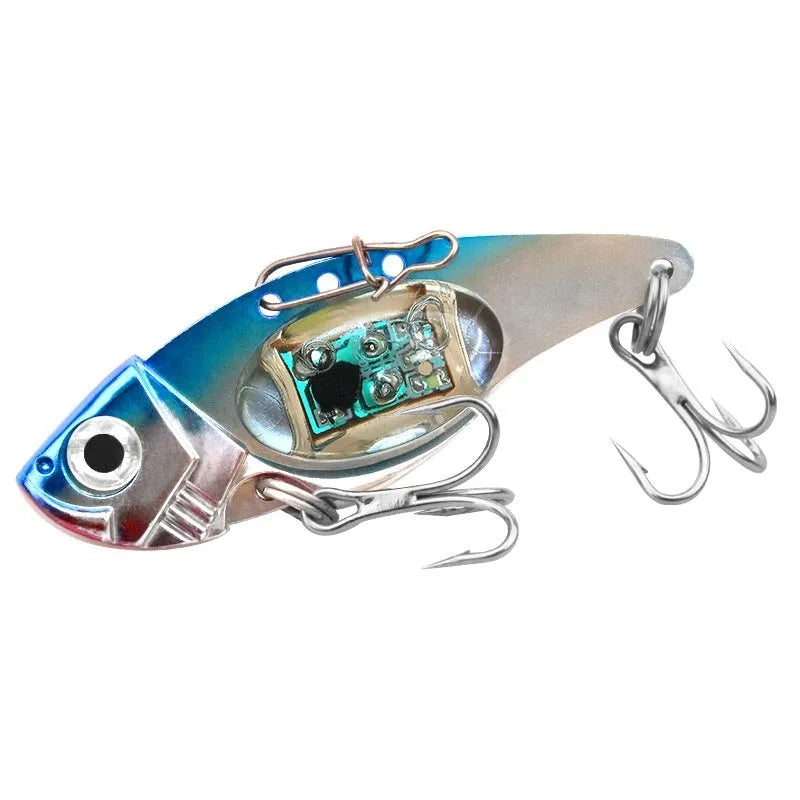 Luminous metal vib electronic fishing lure in blue and red body colours for casting and trolling
