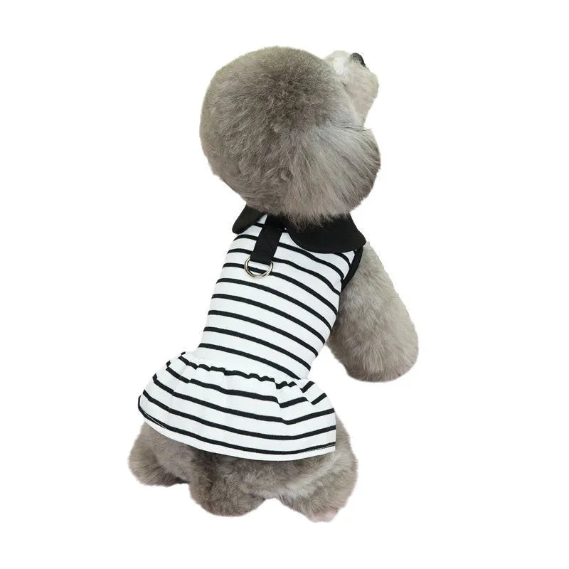 Dog wearing cotton summer stripe T-shirt and skirt outfit in 24 love couple's tops colour