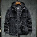 Thick denim jacket for men with hooded collar in black, slim fit, cotton construction