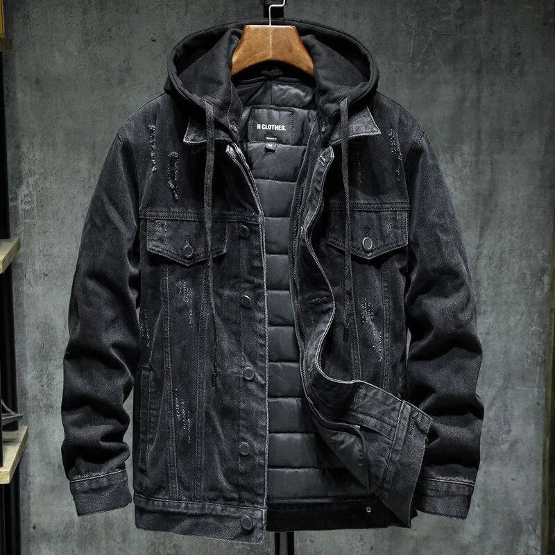 Thick denim jacket for men with hooded collar in black, slim fit, cotton construction