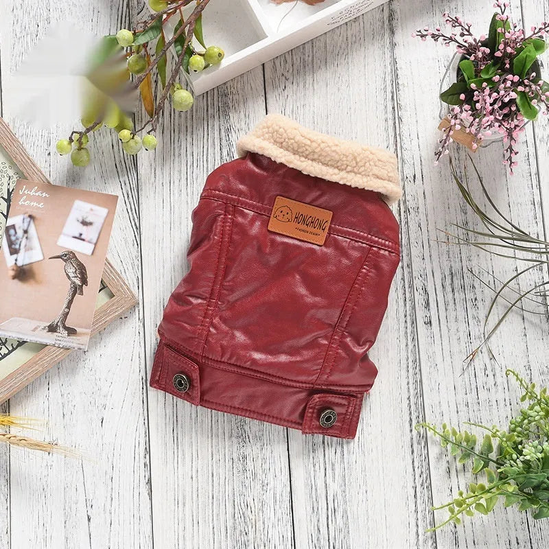 PU pet leather coat fleece-lined for dogs and cats autumn winter warm available in red and black sizes XS to 7XL
