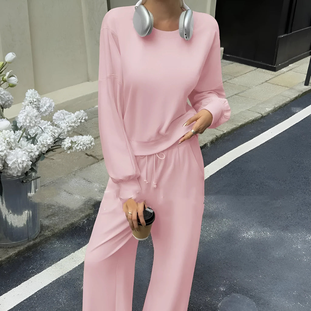 Women's solid colour polyester two-piece set with long sleeves and trousers in streetwear style