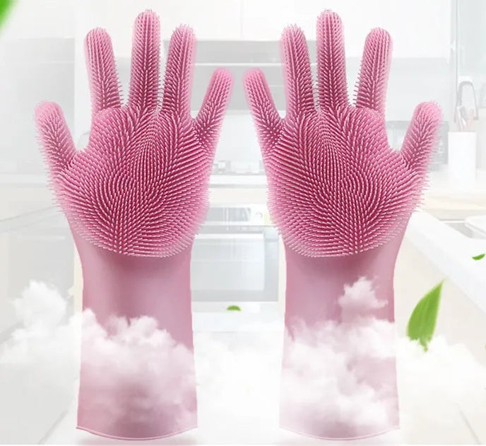 Silicone heat-resistant cleaning brush scrubbing gloves in blue, 357x165mm, on a kitchen counter