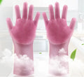 Silicone heat-resistant cleaning brush scrubbing gloves in blue, 357x165mm, on a kitchen counter