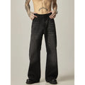 Men's black loose straight jeans with retro styling and zipper fly