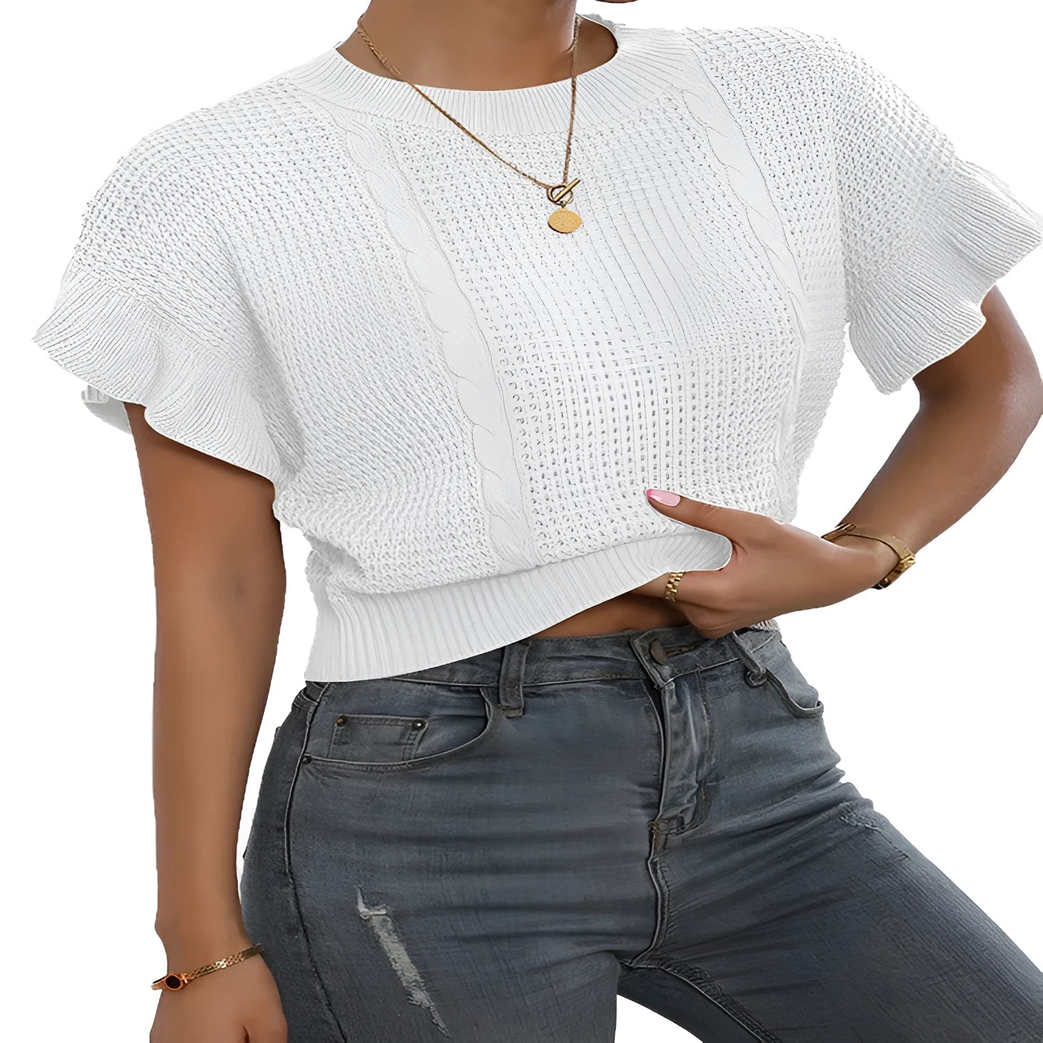 Loose fit knitted pullover with round neck and textured ruffled short sleeves in a neutral colour.