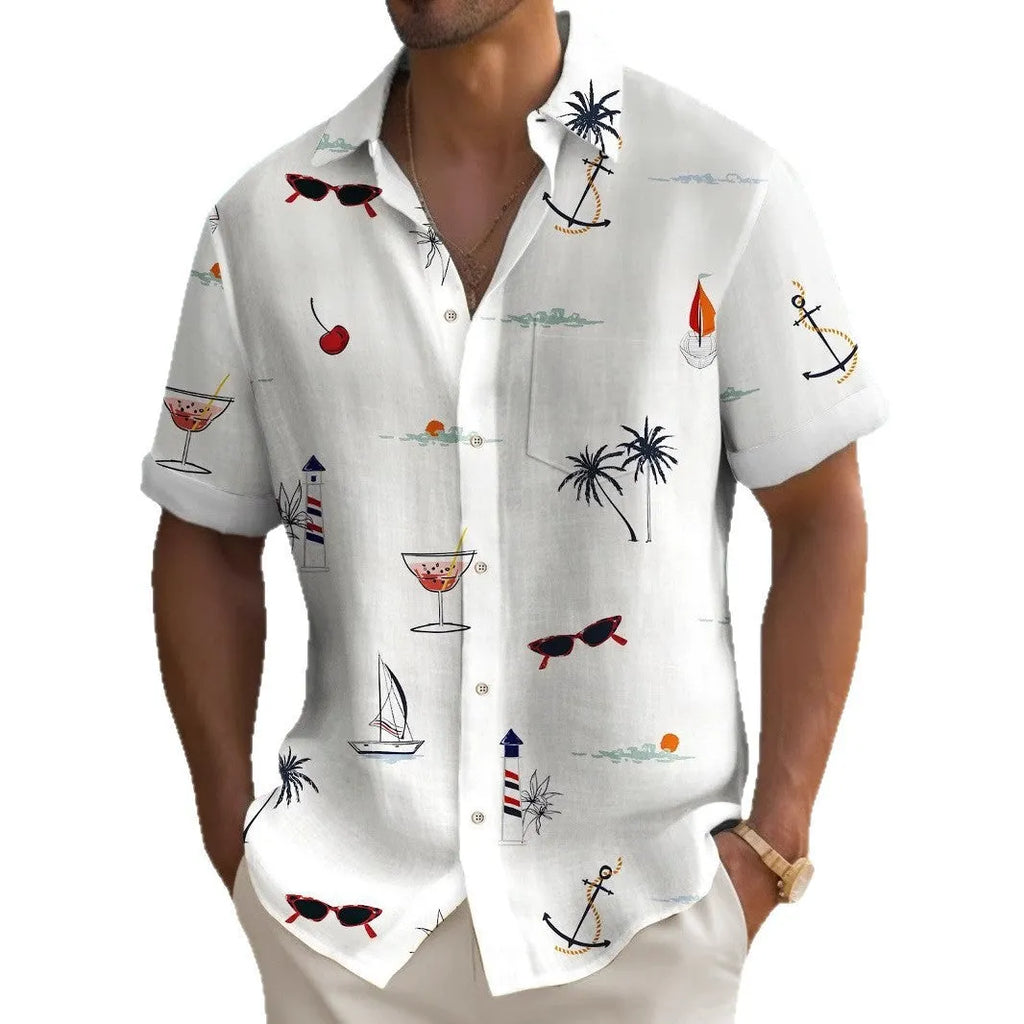 Men's loose fit Hawaiian shirt with digital print pattern and short sleeves.