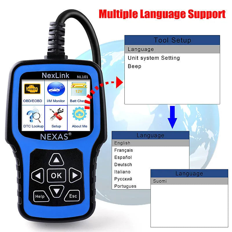 Nexas NL101 OBD2 car diagnostic scanner with USB cable for vehicle diagnostics