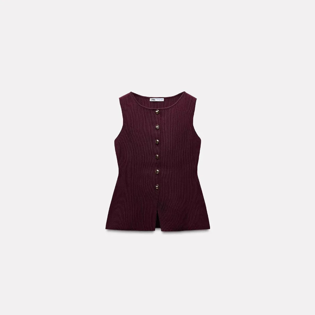 Dark red slim fit sweater vest with gold buttons and 3D pattern texture