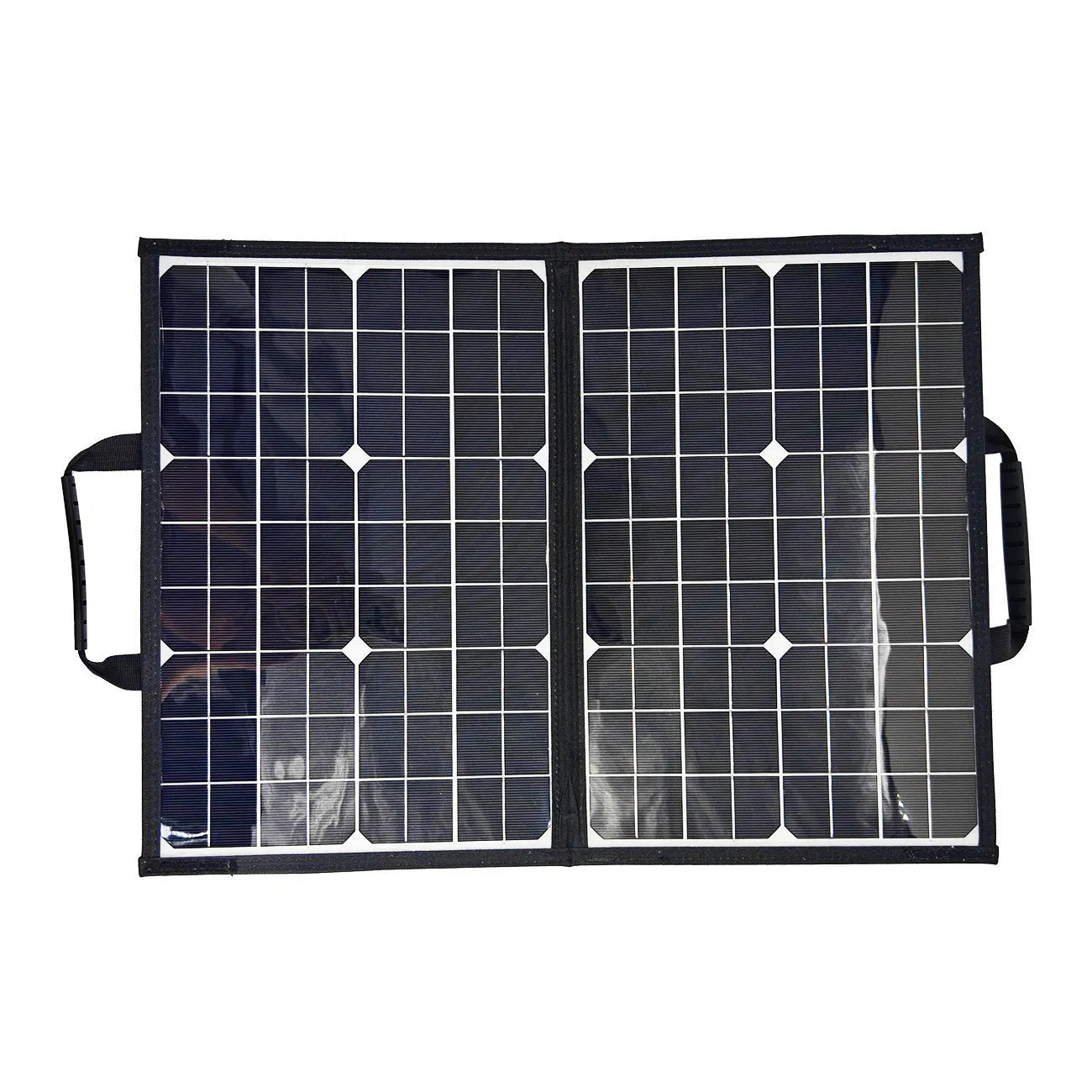Black 40W single crystal solar folding panel showing compact folded size.